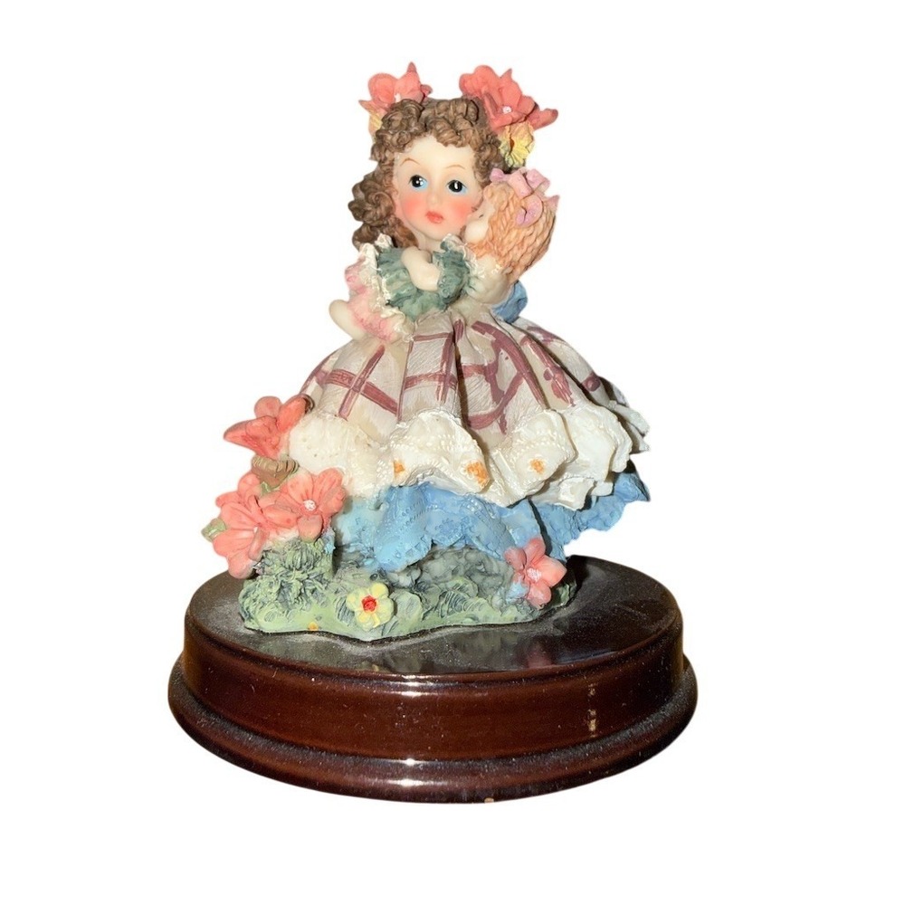 Dresden Victorian Girl Figurine Holding Doll Flowers Wood Base 5 in‎ Cottagecore